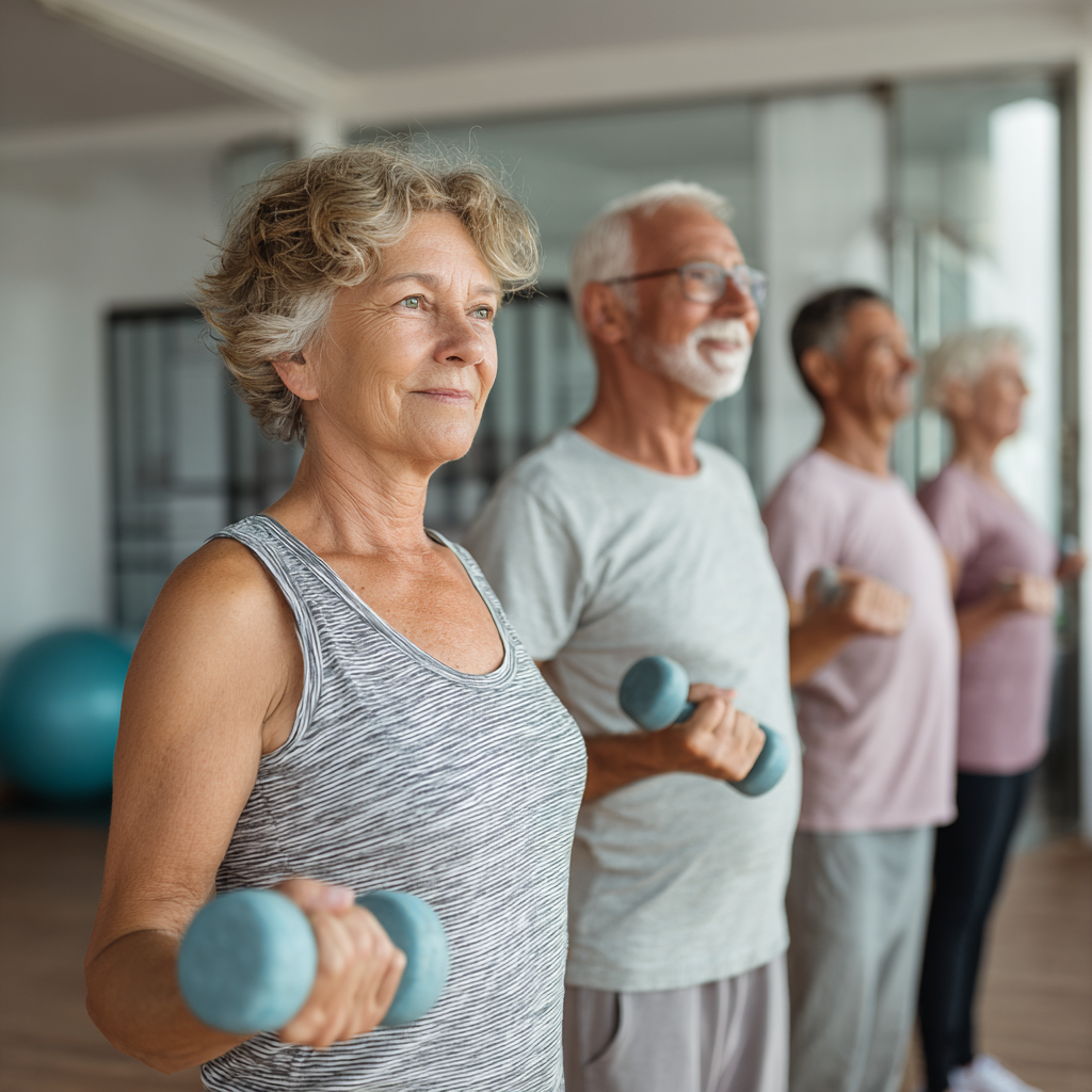 Group of middle-aged and older adults practicing gentle fitness together