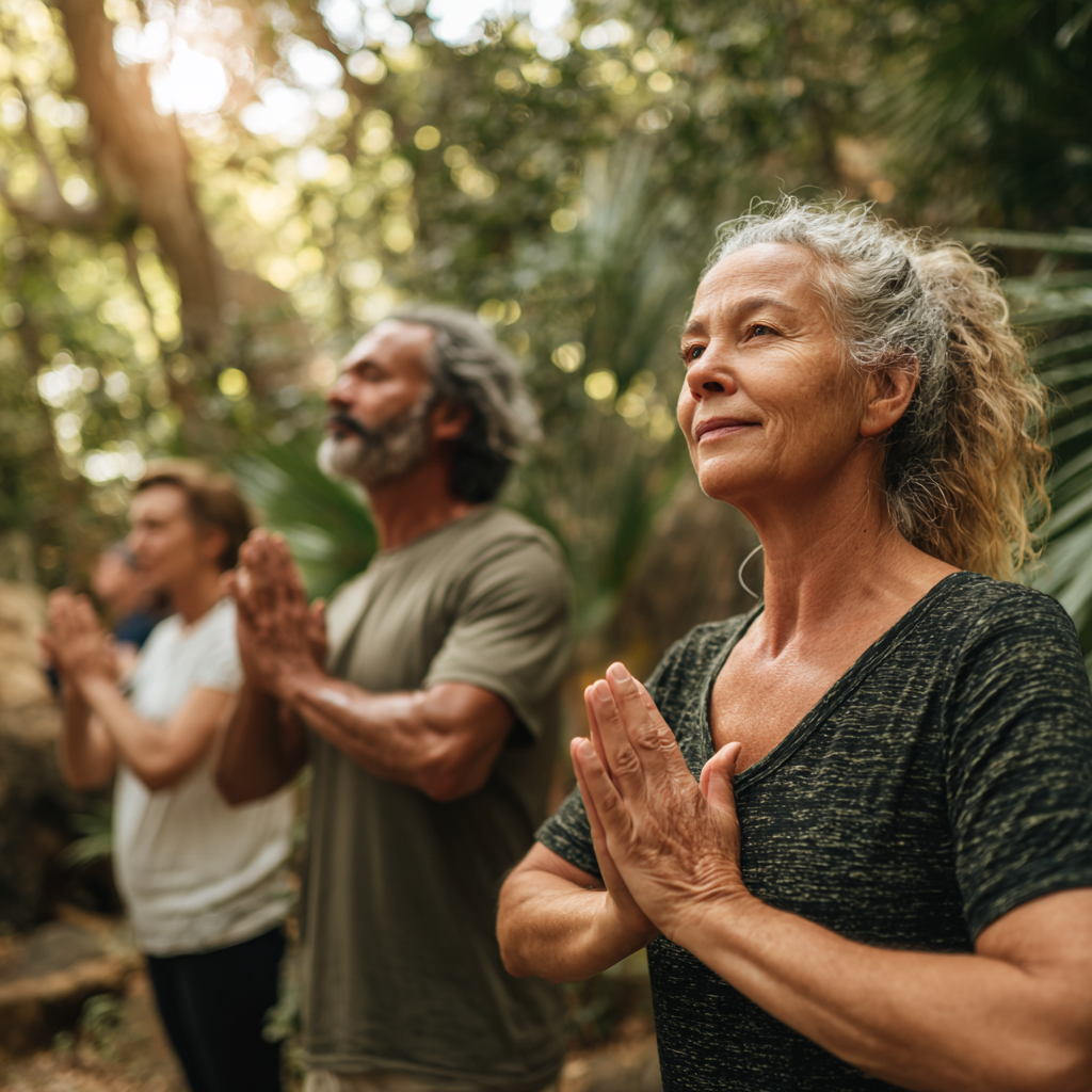 Middle-aged adults practicing mindful movement exercises in natural setting